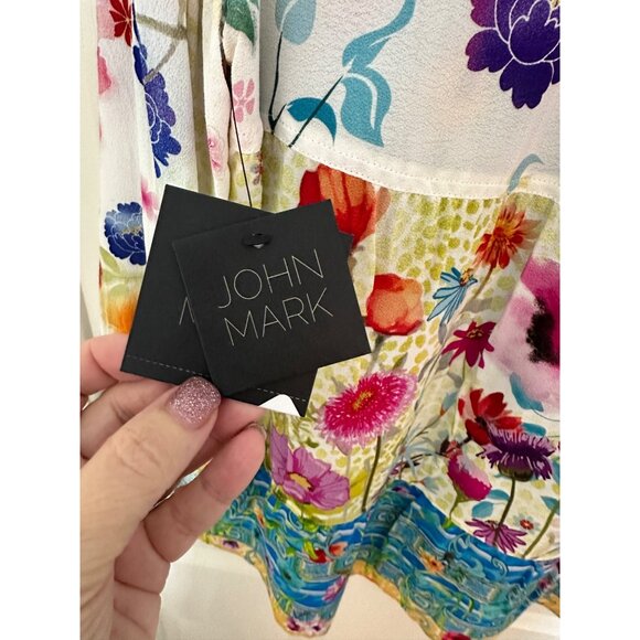 New John Mark Womens Medium Hummingbird Floral Lagenlook Button-Up Shirt Artsy - Picture 3 of 14